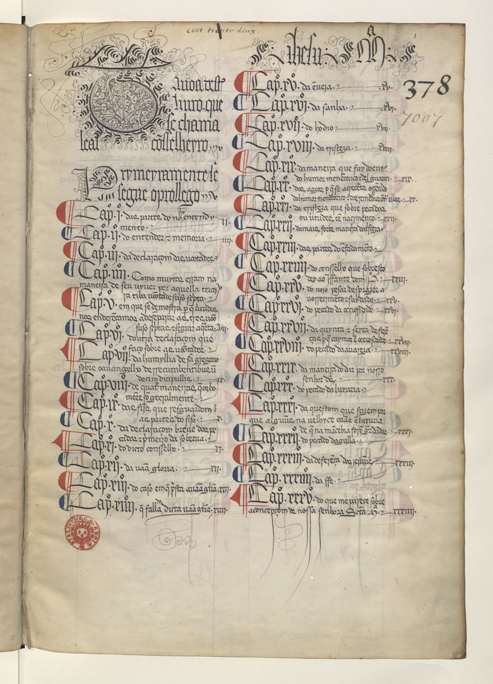 Tavoa deste livro que se chama Leal Consselheyro, Folio [1 recto] (Duarte 2011).
