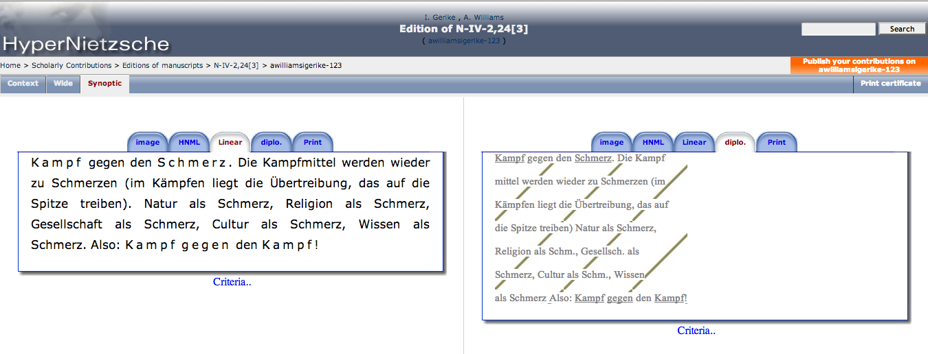 Synoptic view of HyperNietzsche (see http://www.hypernietzsche.org/navigate.php?sigle=awilliamsigerike-123&mode=synoptic).