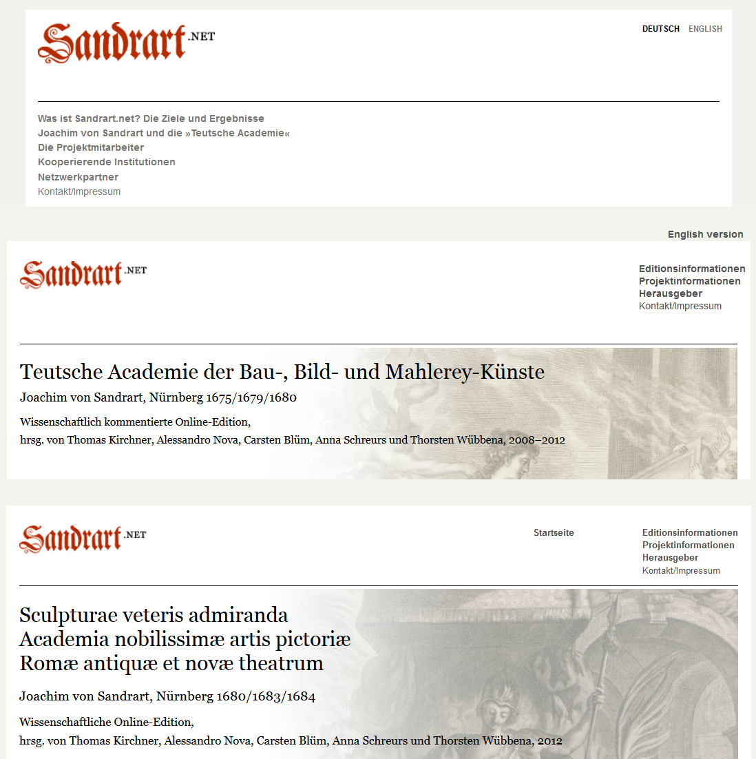 Kopfbereiche der drei Sandrart-net-Websites: Projekt (sandrart.net) - deutsche Ausgabe (ta.sandrart.net) - lateinische Ausgabe (la.sandrart.net).