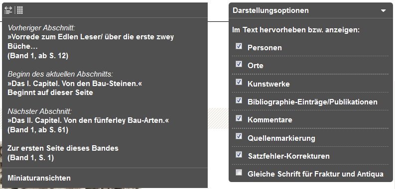 Kontextmenü zu einer aufgerufenen Textseite bzw. Darstellungsoptionen.