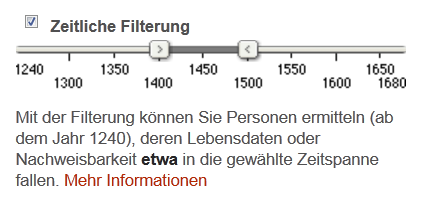 'Chrono-Slider' zur zeitlichen Filterung von Einträgen im Personenregister.