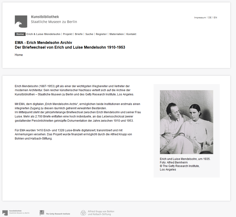 Startseite des Erich Mendelsohn Archivs. Der Briefwechsel von Erich und Luise Mendelsohn 1910–1953.