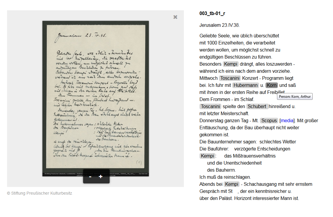 Briefausschnitt von Erich Mendelsohn an Luise Mendelsohn vom 23. April 1838. Sämtliche ausgezeichneten Entitäten werden farblich hervorgehoben.