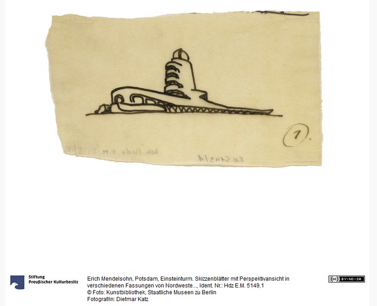 Zeichnung Erich Mendelsohns: Potsdam, Einsteinturm. Skizzenblätter mit Perspektivansicht in verschiedenen Fassungen von Nordwesten und Nordosten, 1920, bereitgestellt durch SMB-digital, Online-Datenbank der Sammlungen, http://www.smb-digital.de/eMuseumPlus?service=ExternalInterface&module=collection&objectId=1681903&viewType=detailView.