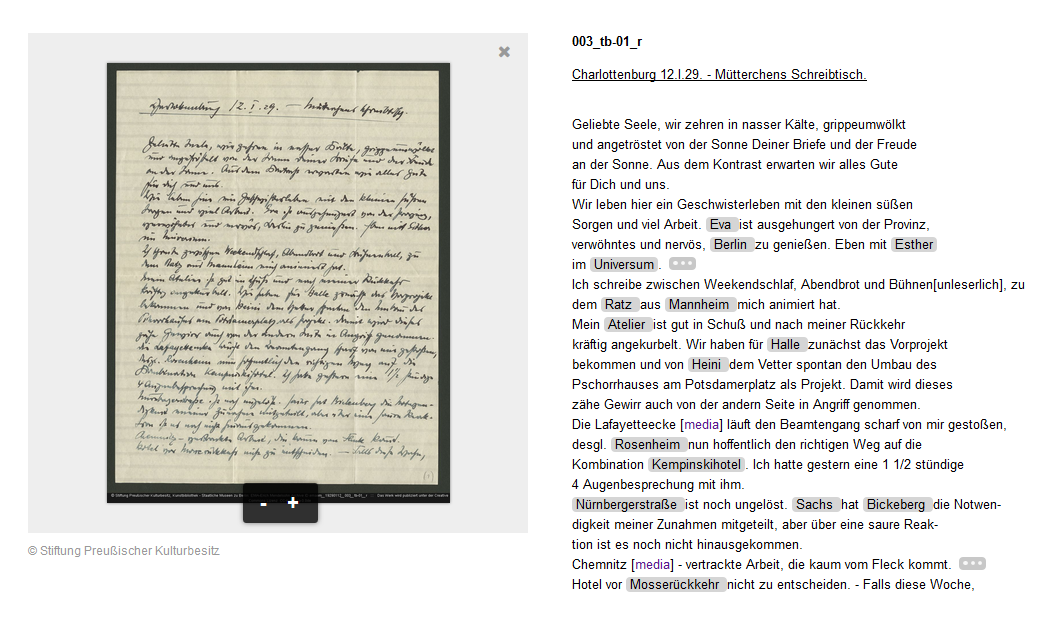 Brief Erich Mendelsohns vom 12. Januar 1929 mit grauunterlegten Auszeichnungen, Kommentaren „[…]“ und dem Hinweis auf zwei Medieninhalte „[media]“.