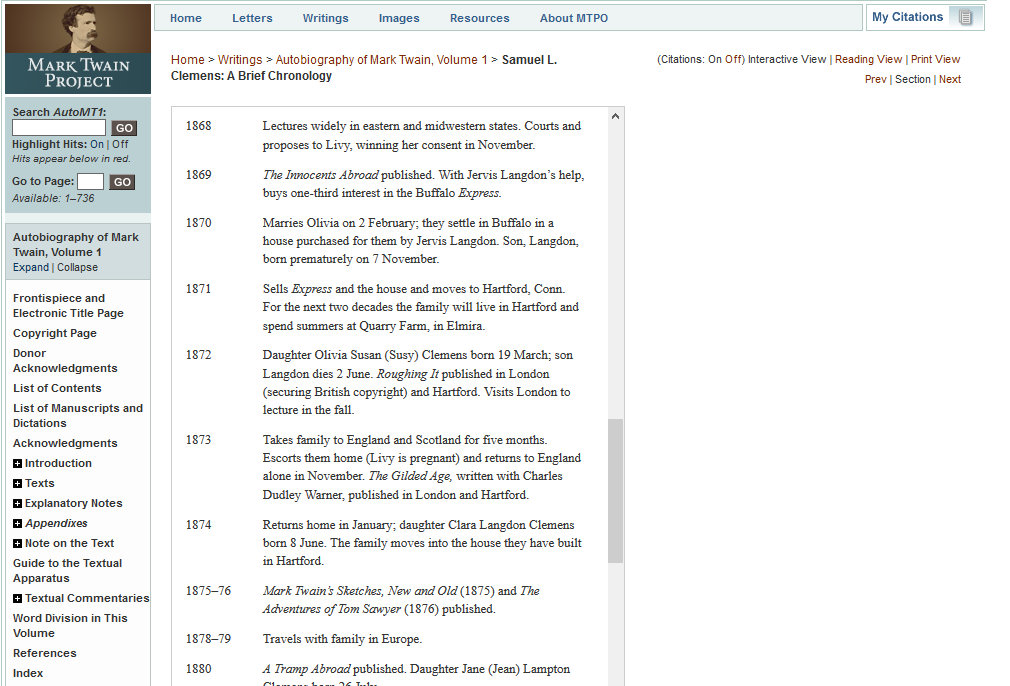 A Brief Chronology of Mark Twain’s Life from MTPO.