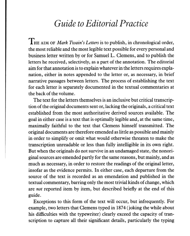 ’The Guide to Editorial Practice’ as it appears in the first printed volume of ‘Mark Twain’s Letters’ in 1988.