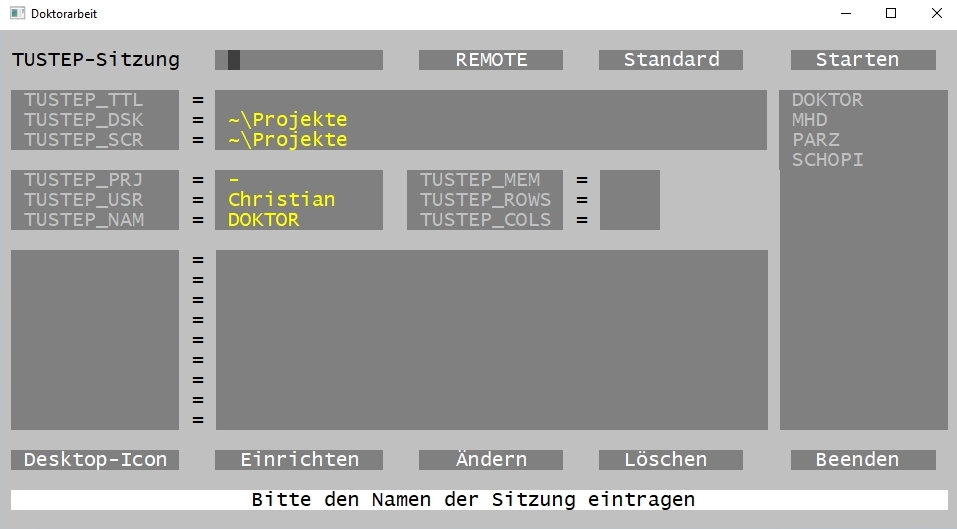 TUSTEP starting screen to create a session.