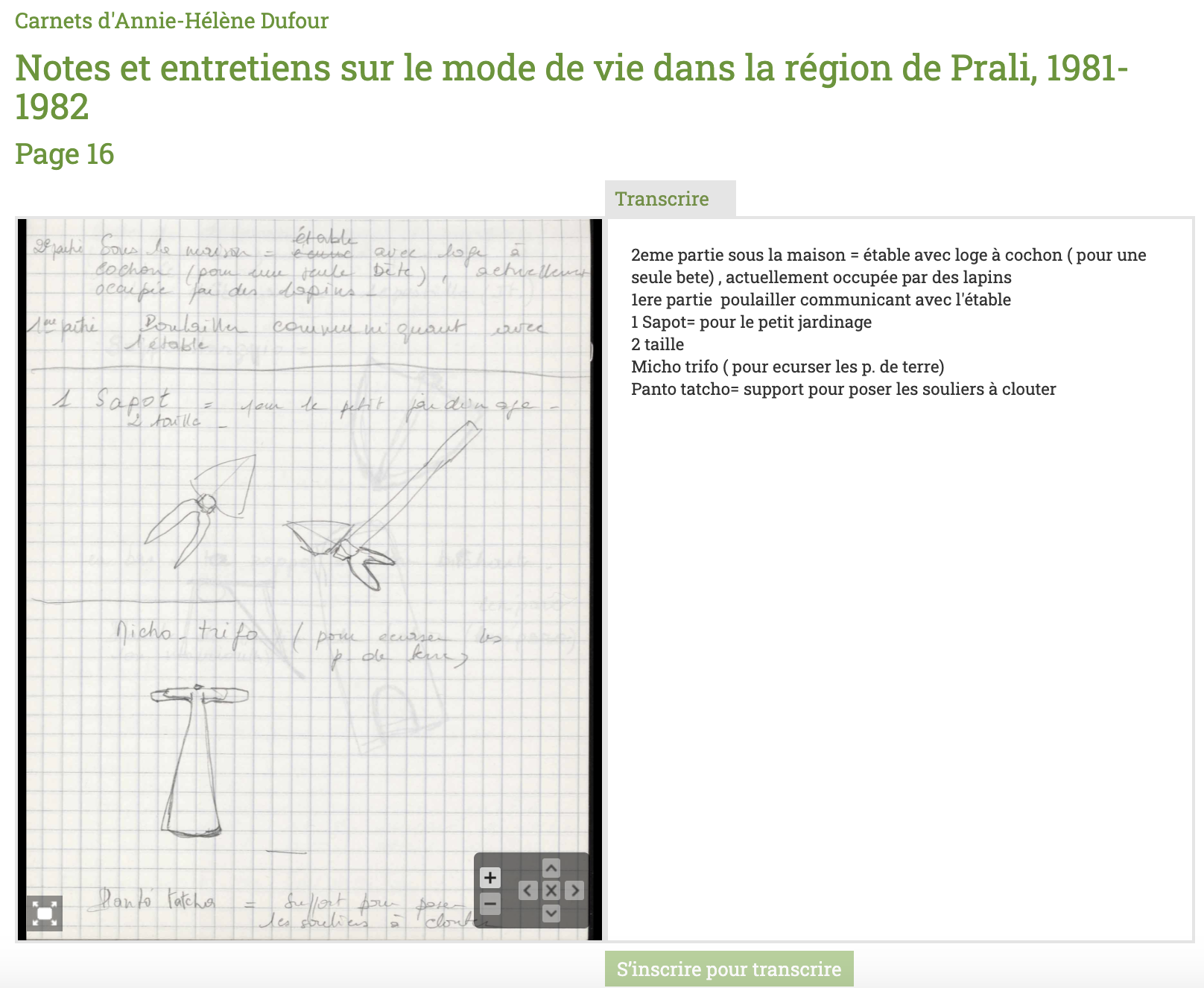 Interface de transcription de Transcrire (http://web.archive.org/web/20191206141550/http://transcrire.huma-num.fr/scripto/transcribe/22/1896#transcription).