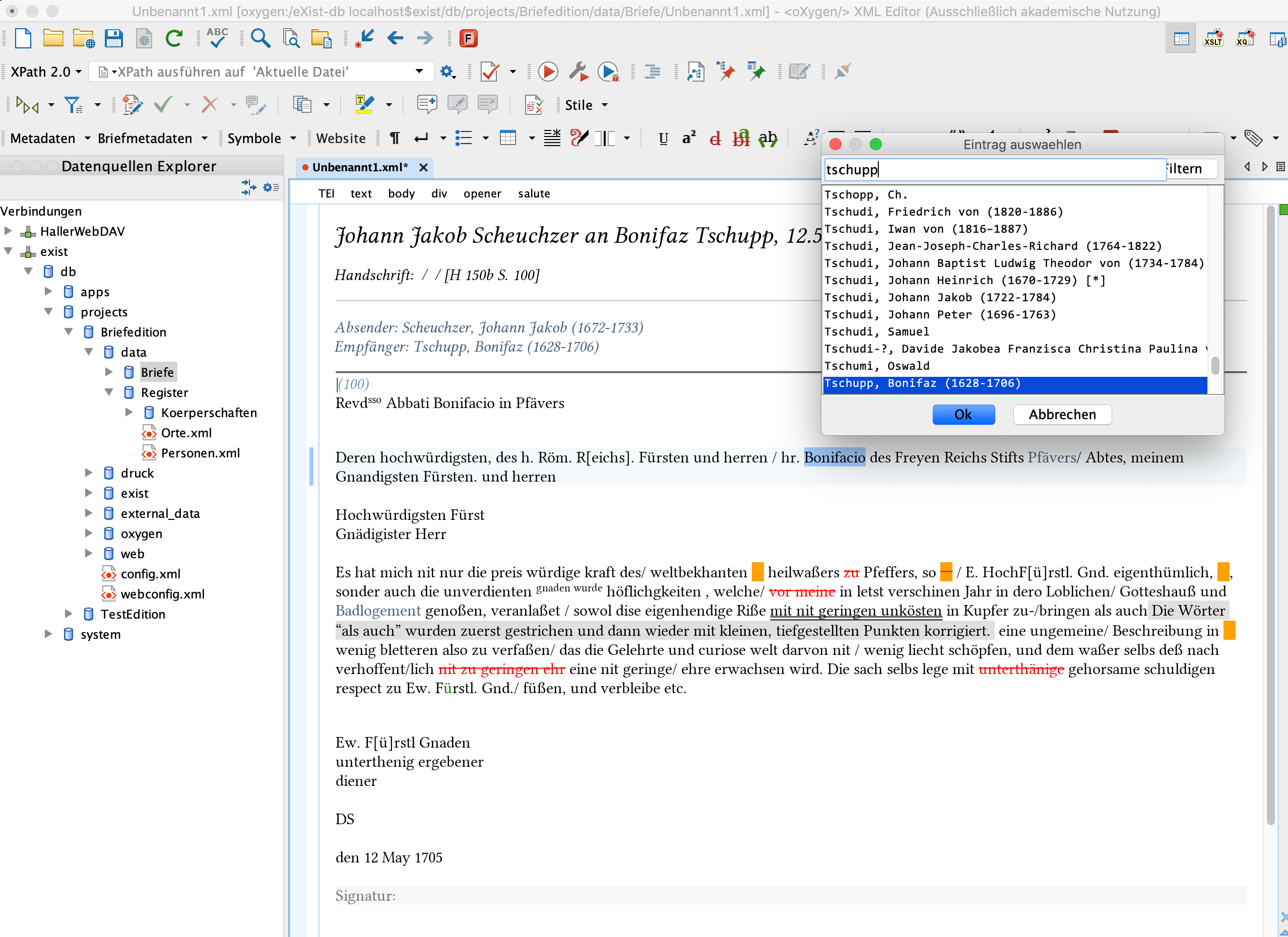Different kinds of markup can be seen in the letter with the selection window for the person index open.