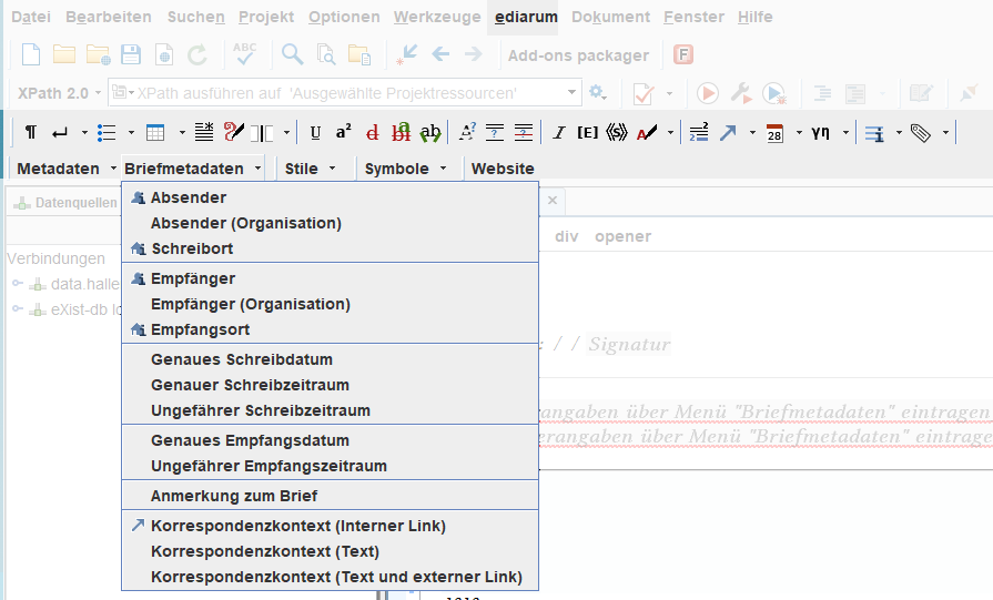 The two toolbars of the ediarum.BASE.edit module integrate into the regular Oxygen toolbars. The functions are also accessible through the ‘ediarum’ menu in the top menu bar.