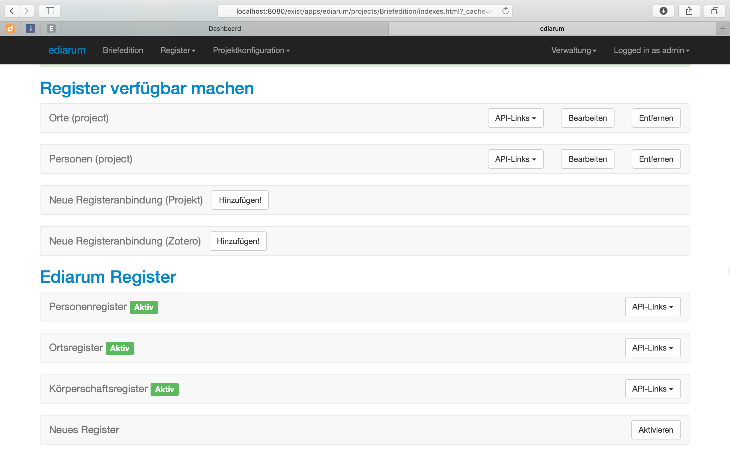 The purely text-based administrative ‘dashboard’ of ediarum.DB.