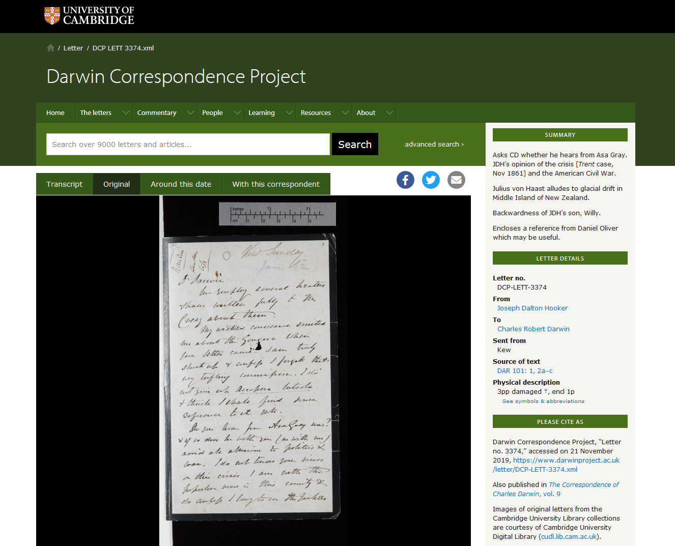 Display of the image, example: J. D. Hooker to Darwin, written on 29 December 1861 (https://web.archive.org/web/20191121140347/http://www.darwinproject.ac.uk/letter/DCP-LETT-3374.xml).