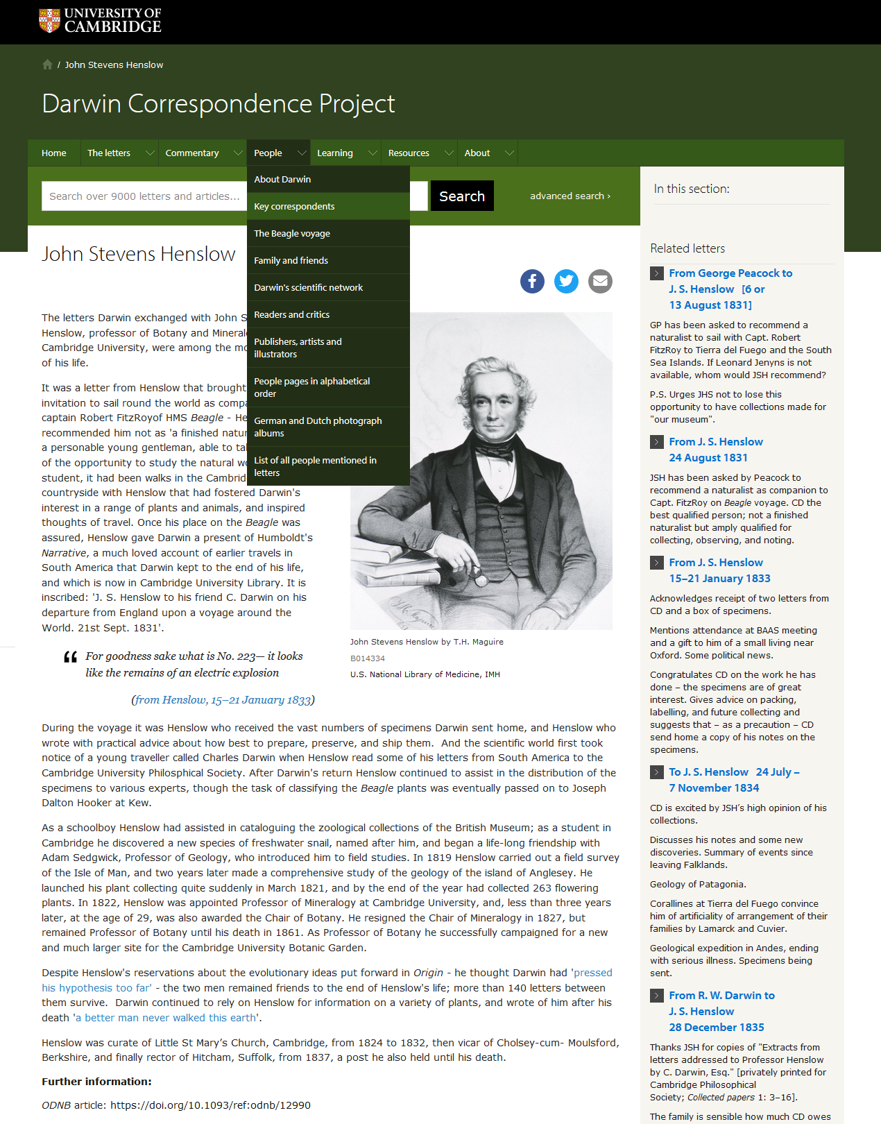 Additional biography page for John Stevens Henslow (https://web.archive.org/web/20191121161734/https://www.darwinproject.ac.uk/john-stevens-henslow).