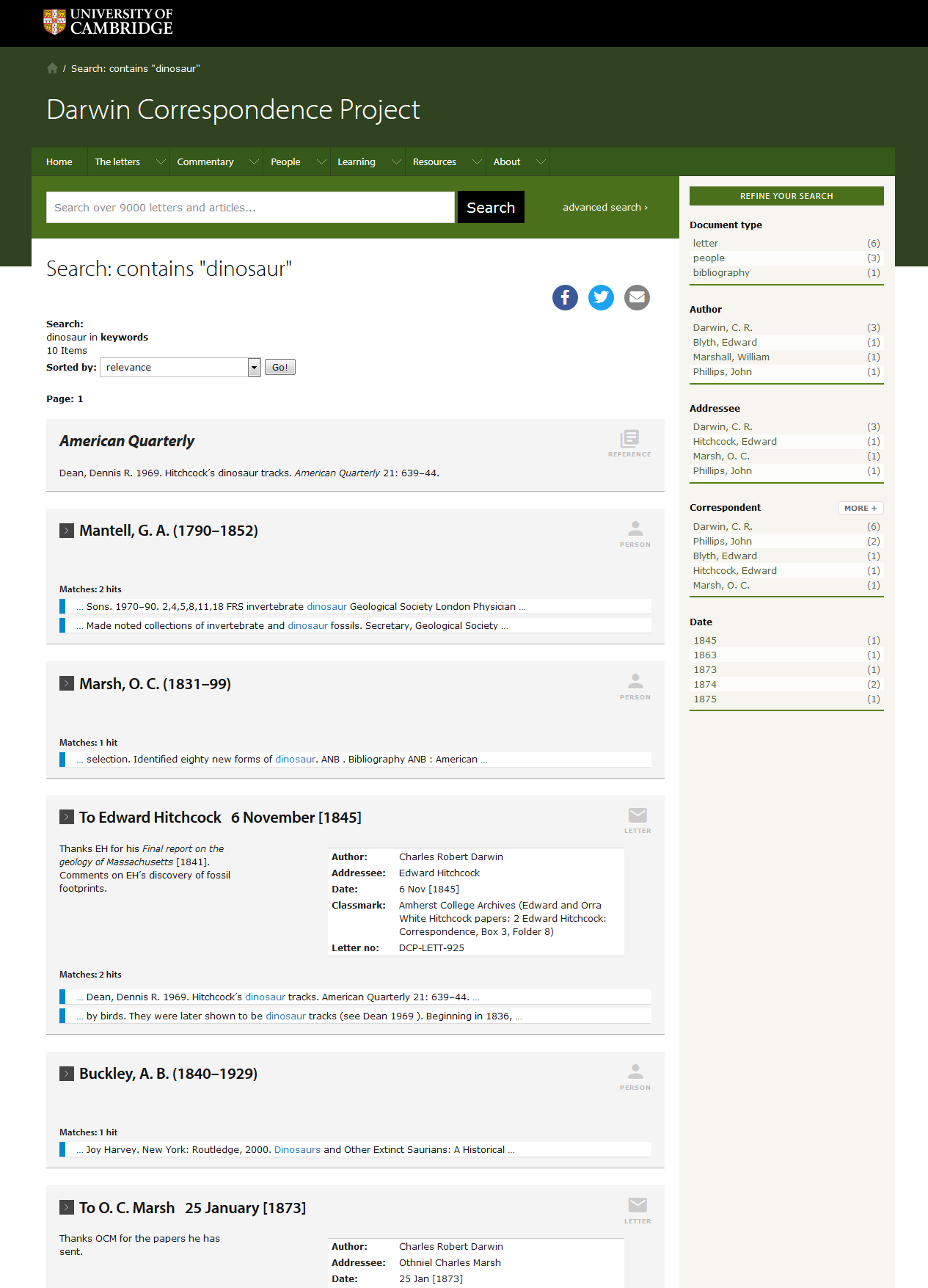 List of search results, example: search for term ‘dinosaur’ (https://web.archive.org/web/20191121171126/https://www.darwinproject.ac.uk/search/?keyword=dinosaur&tab=).