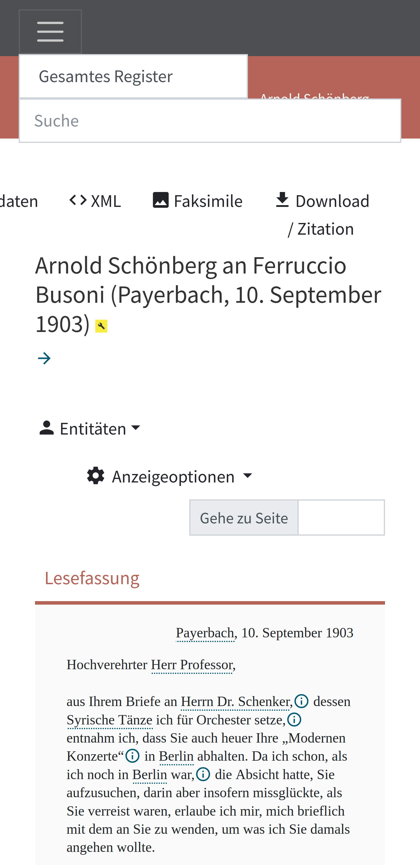 An example document view for a letter in a narrow viewport.