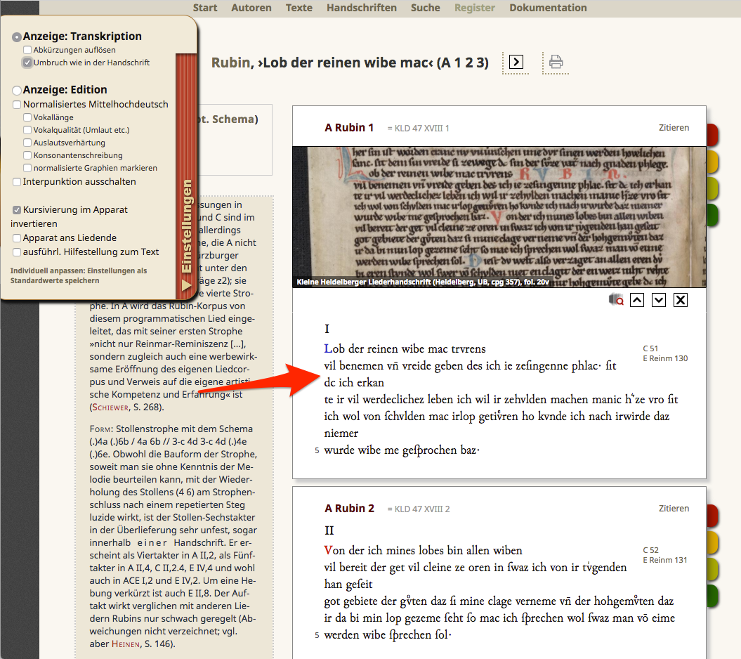 The non-responsive web design counteracts editorial intentions. The screenshot from early 2018 also documents the missing TEI download icon.