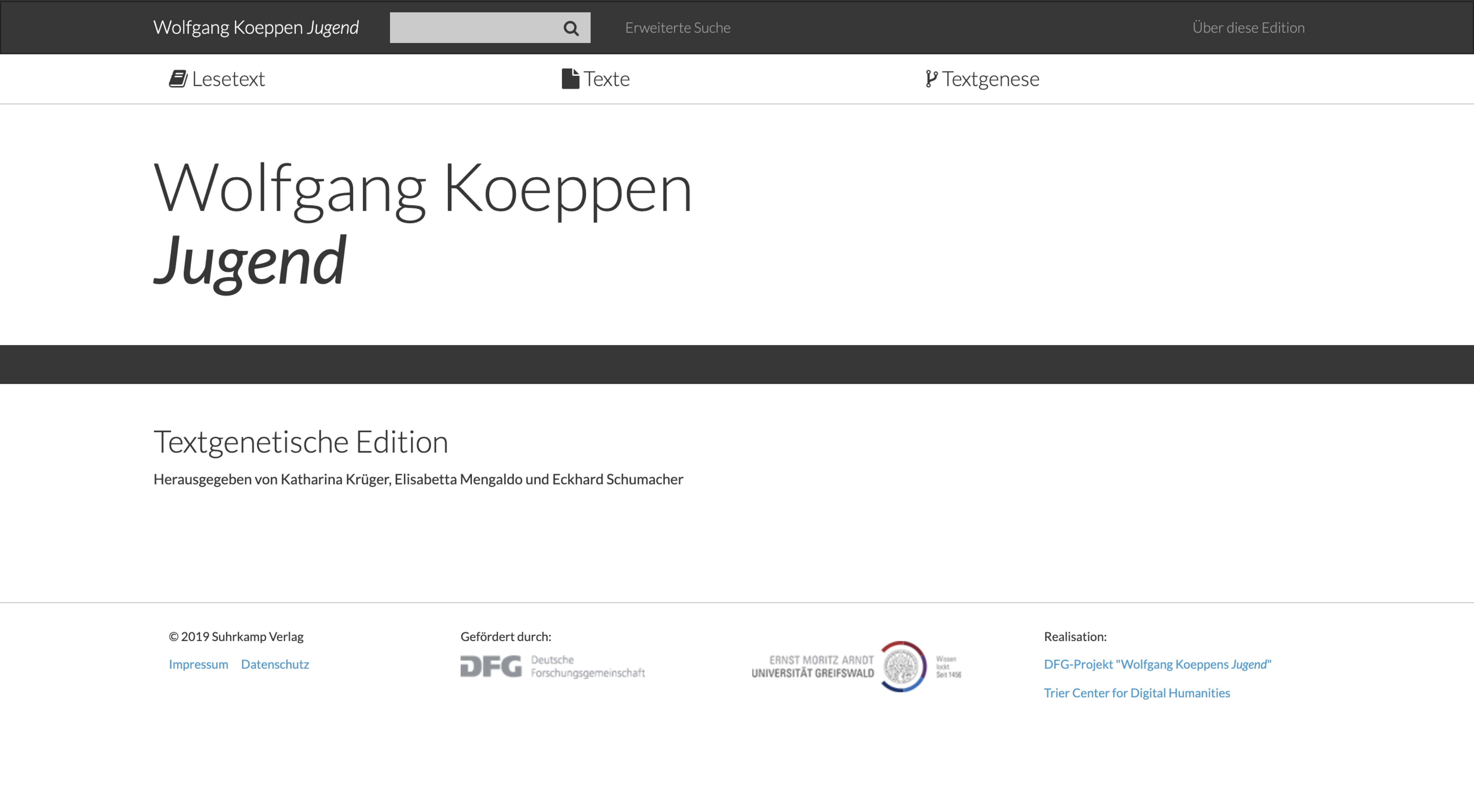 Startseite der textgenetischen Edition.