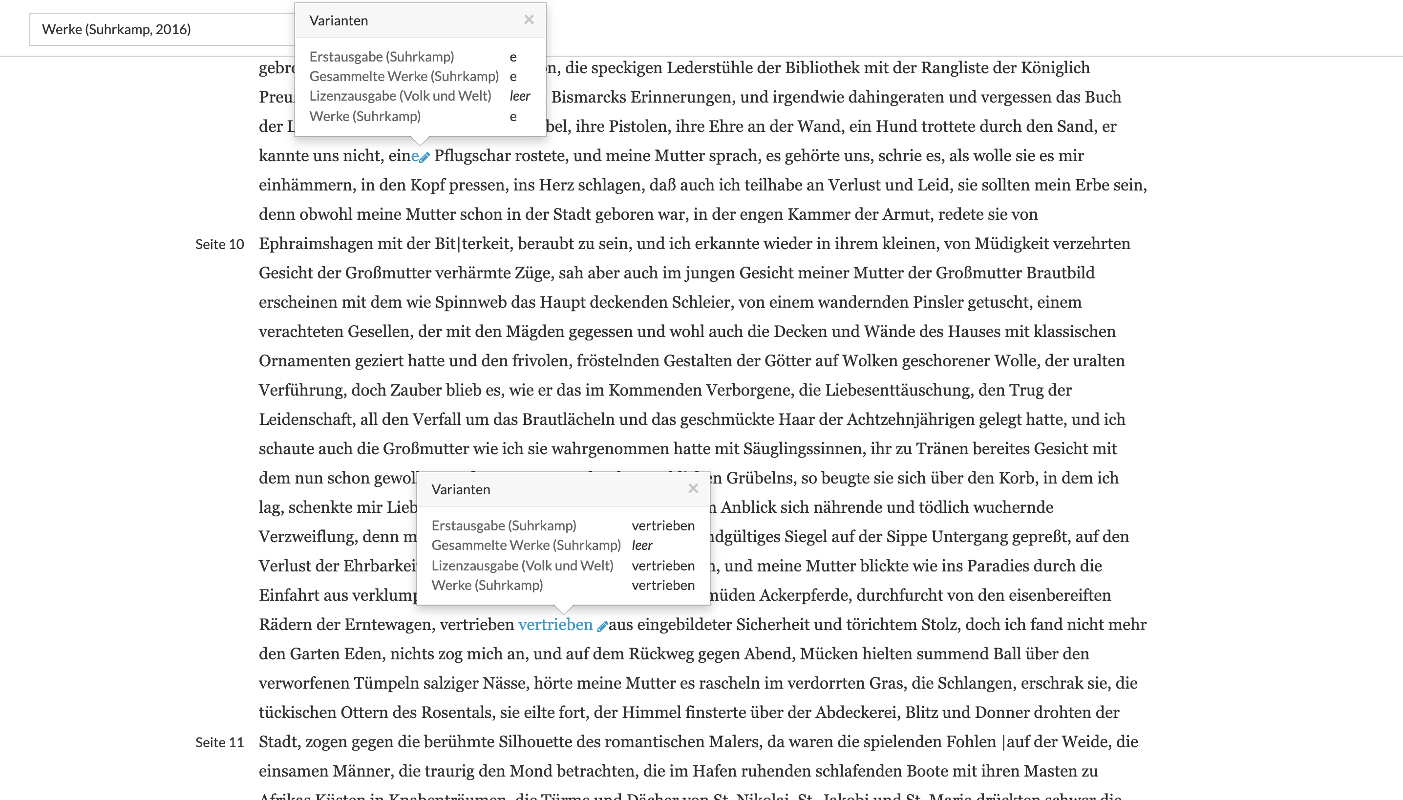 Ansicht des Lesetextes mit Variantenapparat.