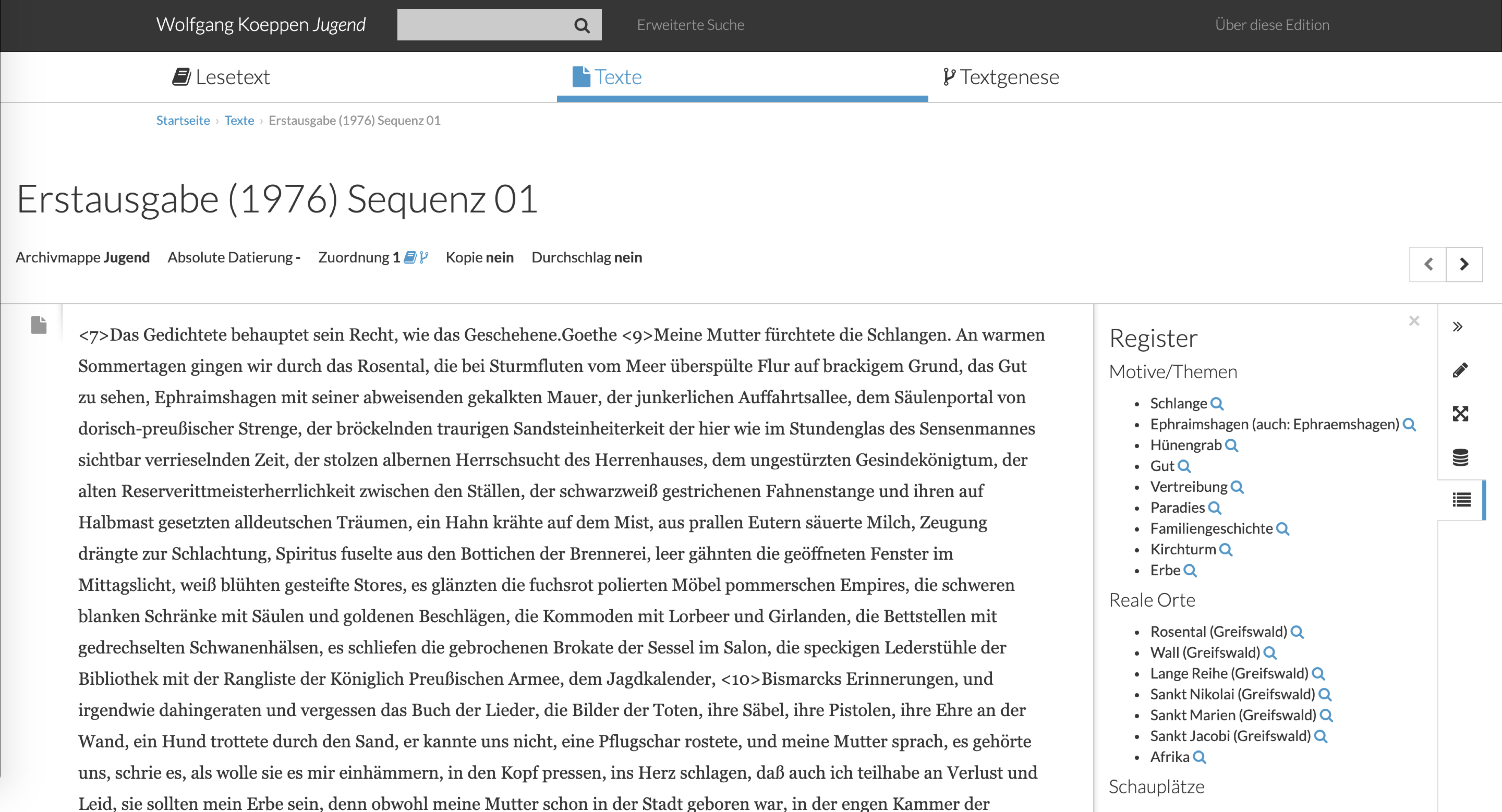 Textansicht mit Registereinträgen.