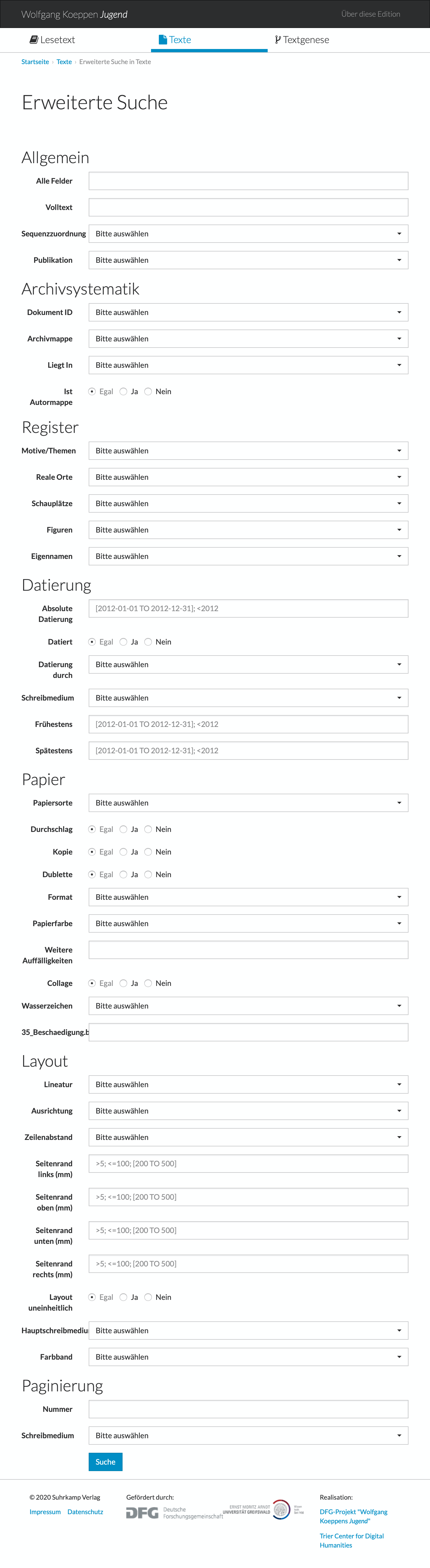 Facettierungsmöglichkeiten der Suchfunktion.