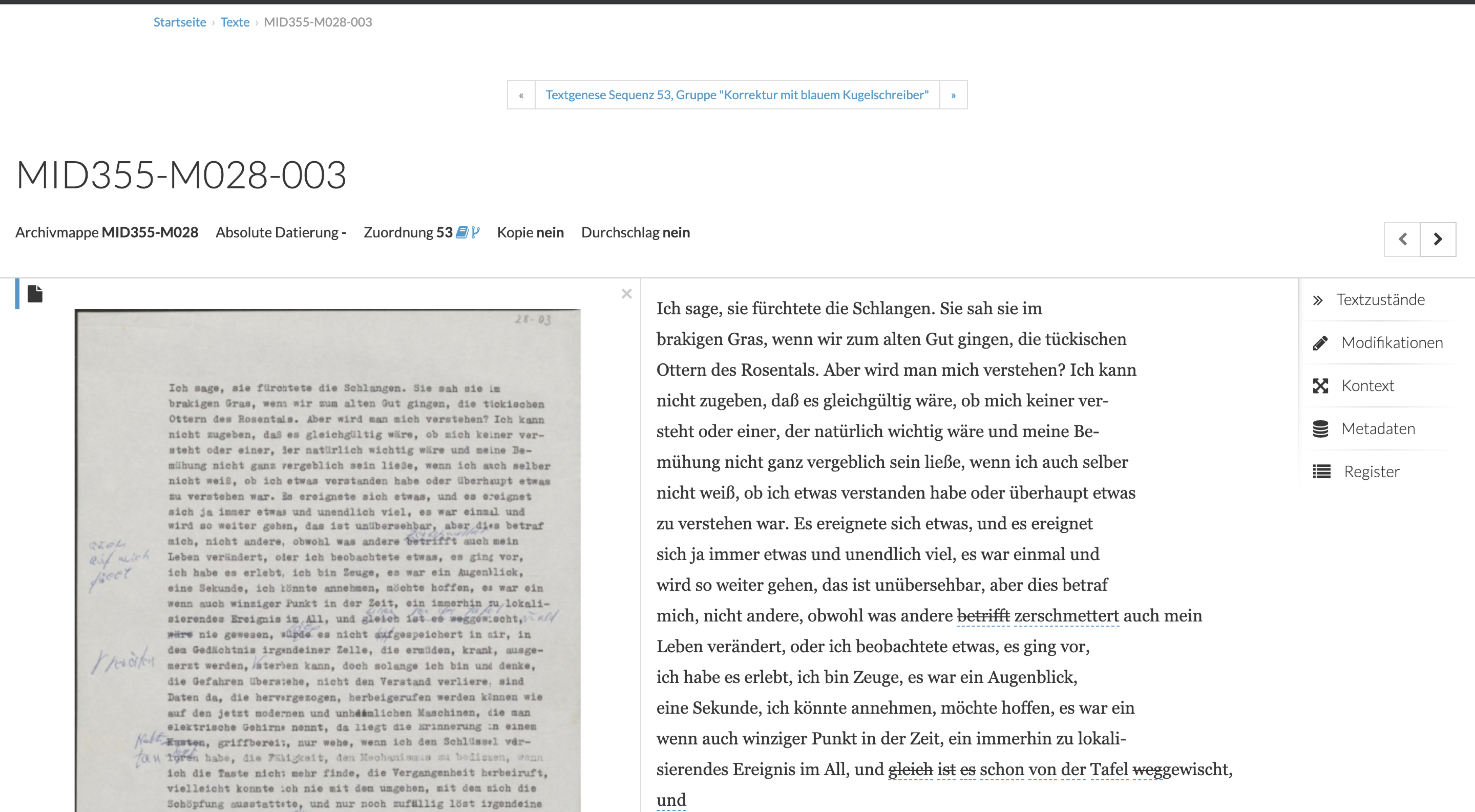 Ansicht eines einzelnen Textträgers.