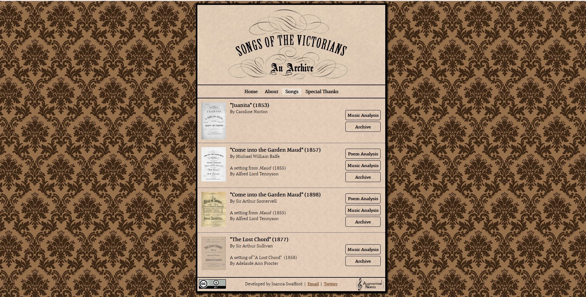 View of ‘Songs’, with the complete list of pieces currently included in the project.