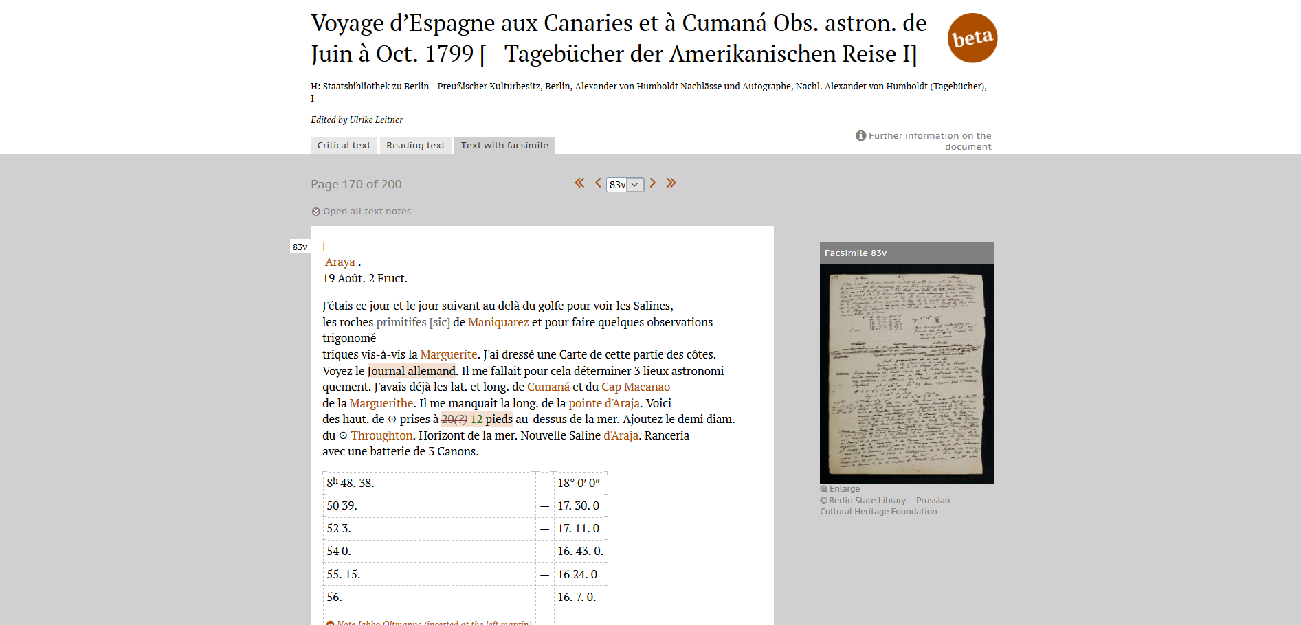 User interface of the edition humboldt digital.
