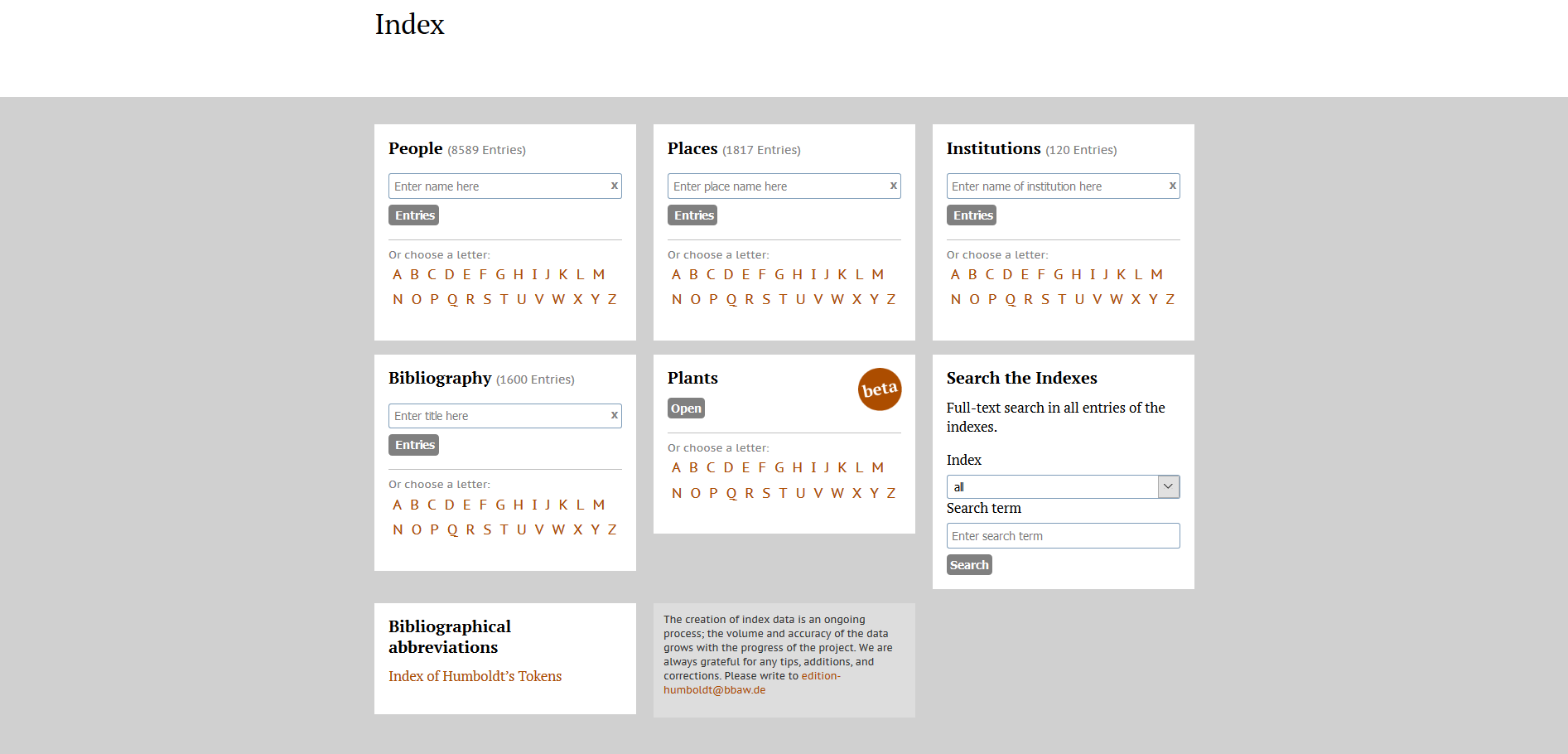 The edition’s index offers various possibilities to browse Humboldt’s work.
