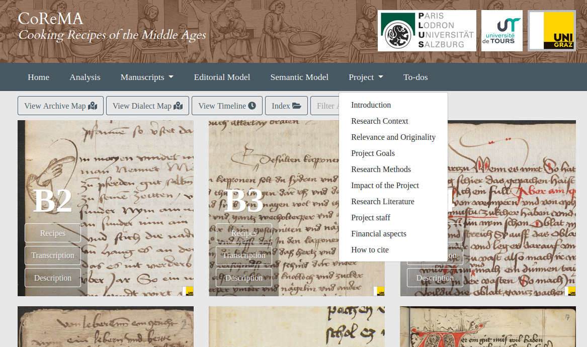 The front page of CoReMa including the menu items that describe this project.
