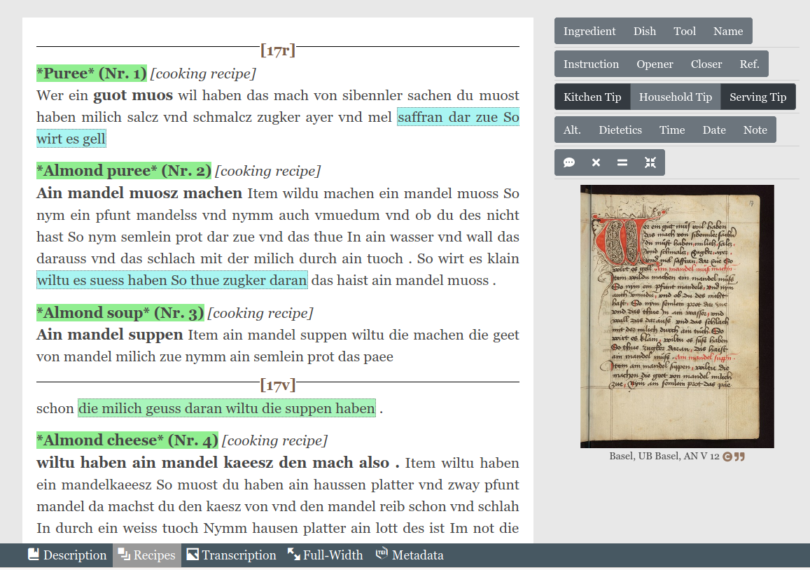 Visualisation of the semantic annotation: kitchen tips are highlighted in blue and serving tips are highlighted in light green.