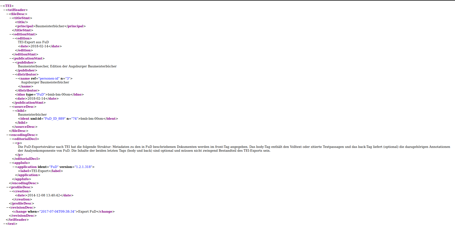 XML-Ansicht des TEI-Headers, Folio 2r, BMB 3.