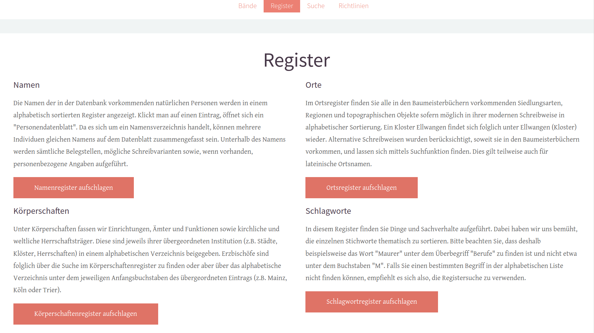 Darstellung der Registerübersicht der Edition.