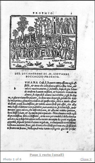 Black and white high-quality photographic reproduction of wood engravings from three early editions of the Decameron taken from the collection Harvard College Library.