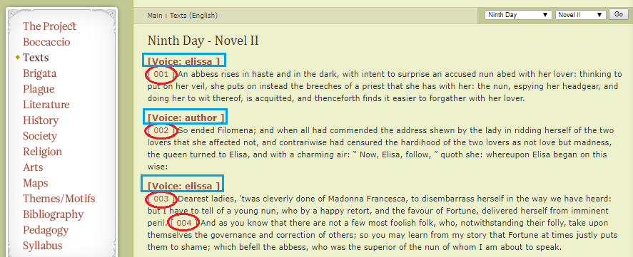 Interactive labels in the text of the Decameron.