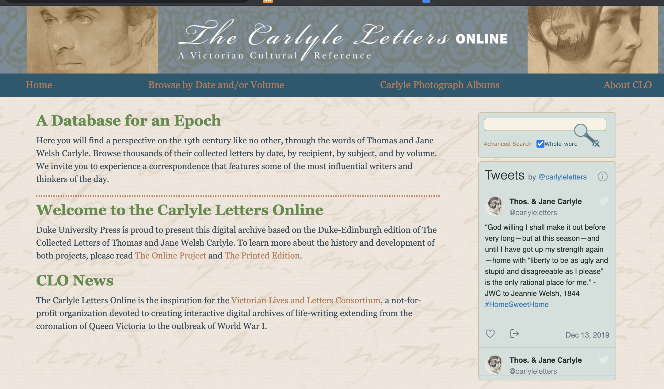 CLO home page announcing itself as ‘A Database for an Epoch’.