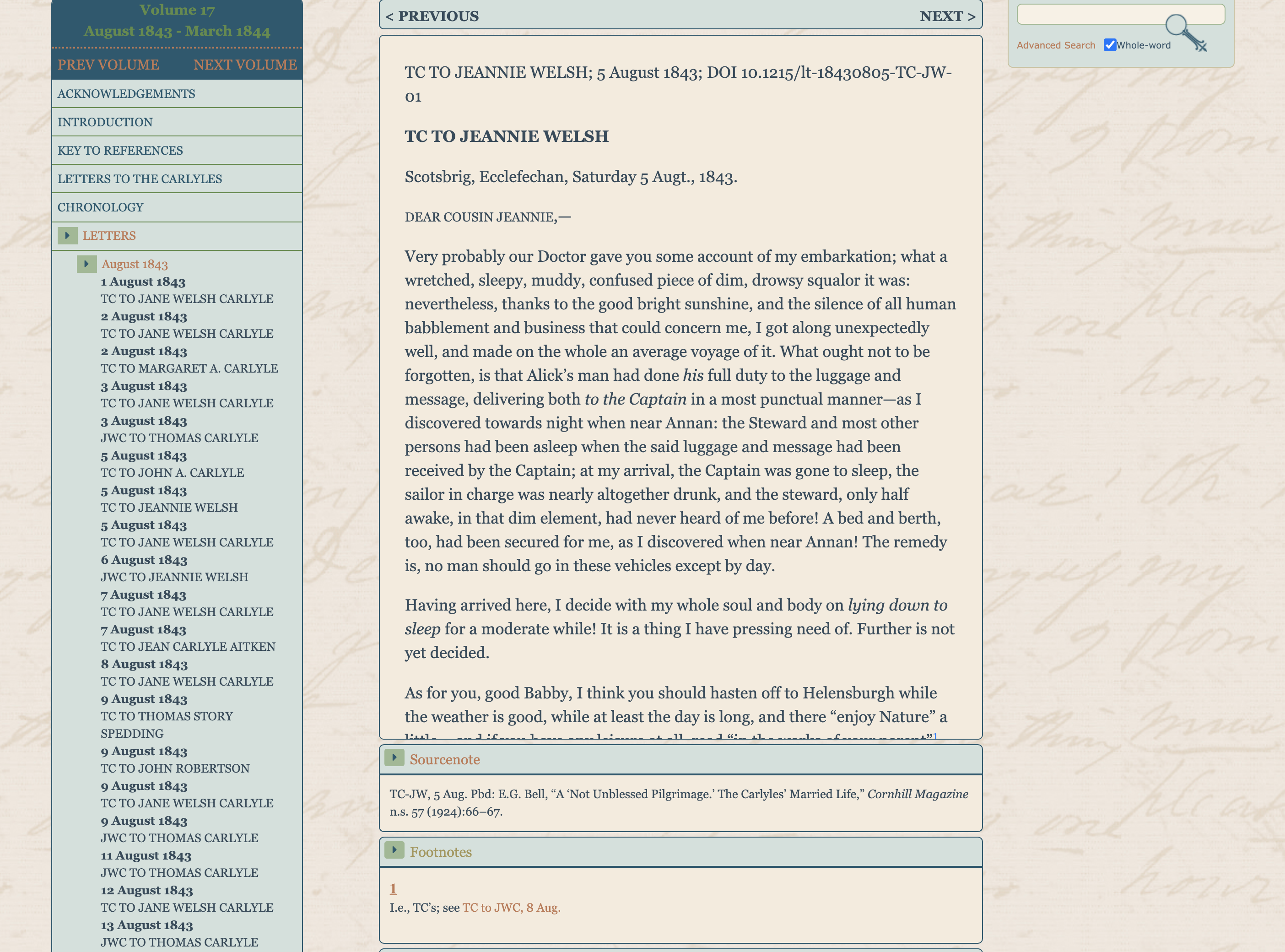 A letter from Thomas Carlyle to Jeannie Welsh in CLO.