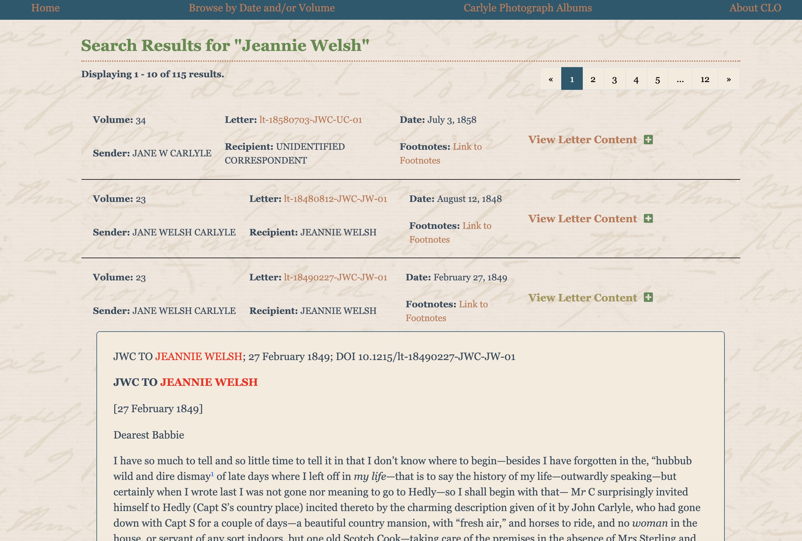 View of an open letter in the search results for all the letters connected with Jeannie Welsh in CLO.