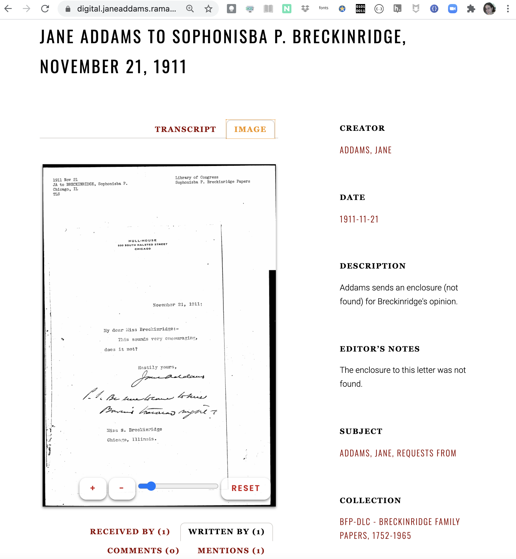Image view of a letter from Jane Addams to Sophonisba Breckinridge in JADE.