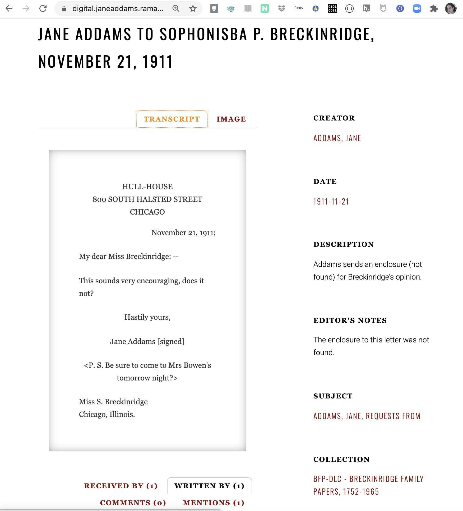 Transcript view of the same letter in JADE.