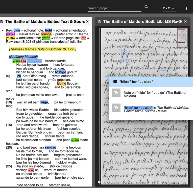 Screenshot of image annotation (right frame), text entity (left frame), and connecting annotation (pop-up right frame), provided on the DM web-page.