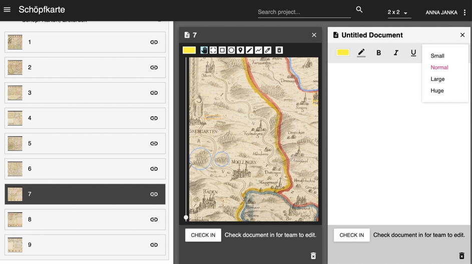 On the left side of the interface are nine documents, of which the user chose to edit document 7. In the middle is the marking tool with the hand symbol selected (highlighted in light blue), and on the right is the annotation tool.