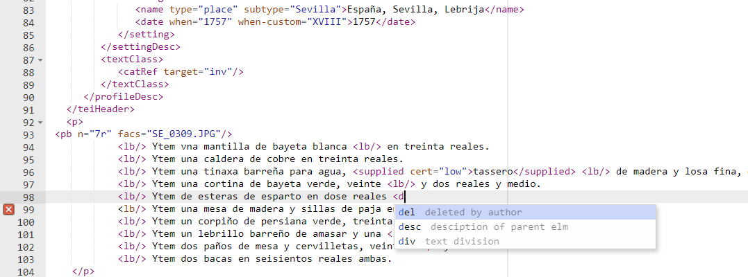 The editing module directly in the TEITOK interface suggests possible completions of the tags.