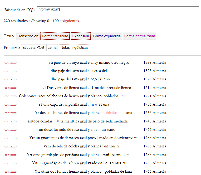 Result from the search by normalised form "azul". In ODE the result is set to show the year and place of origin of the document next to each case.