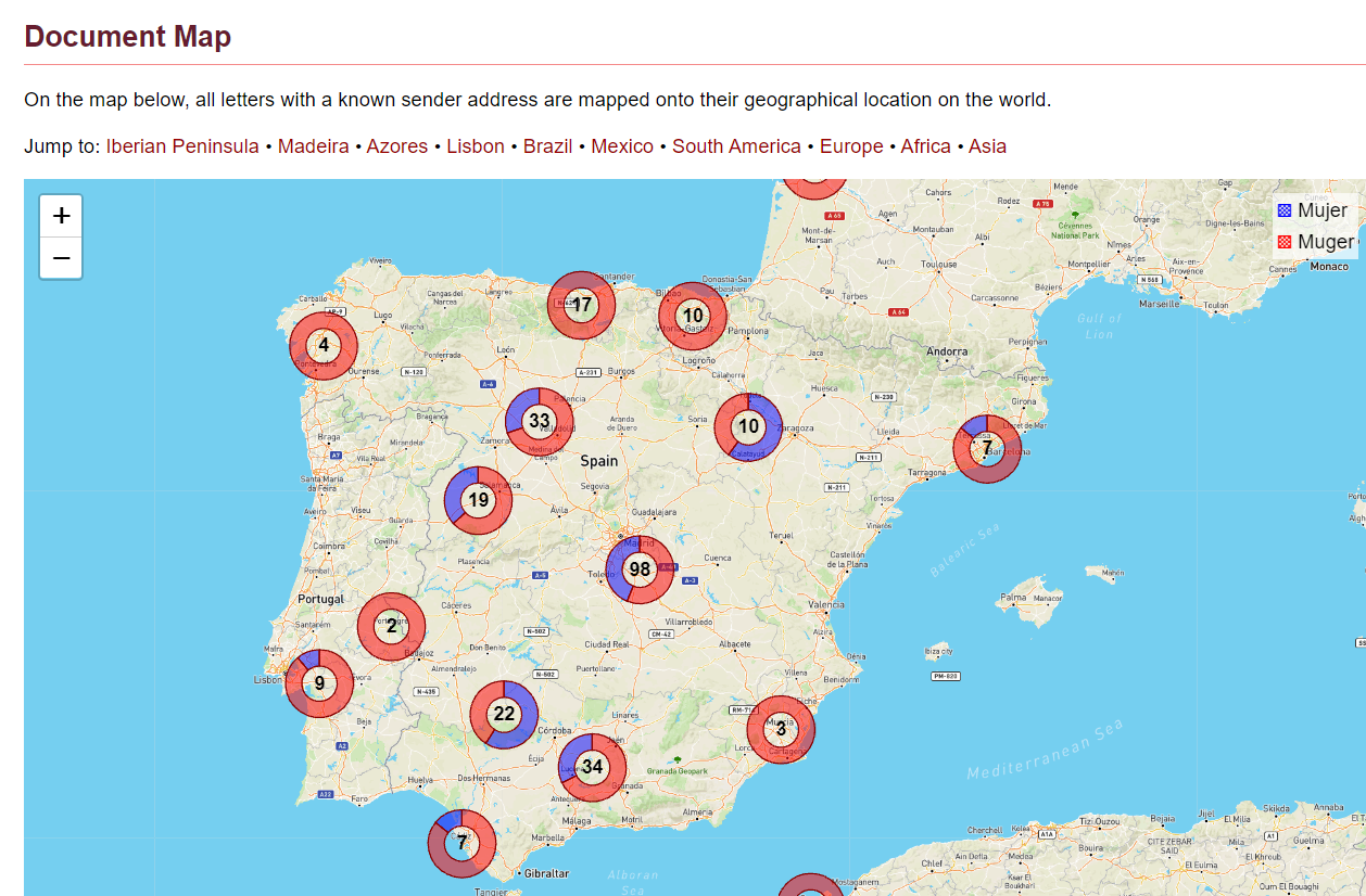 Result of a search projected on the map. Example of the corpus P.S. Post Scriptum.