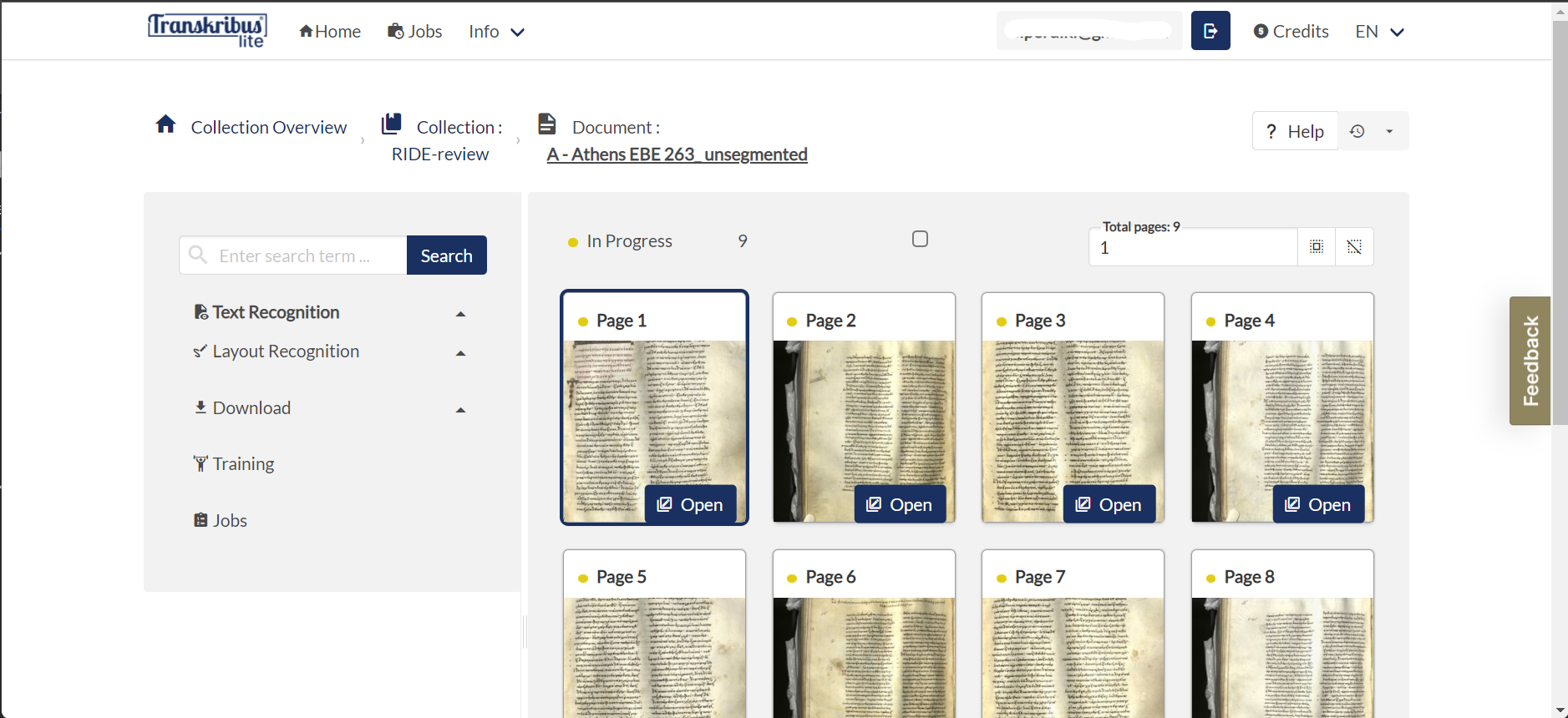 Transkribus Lite (web version) GUI.