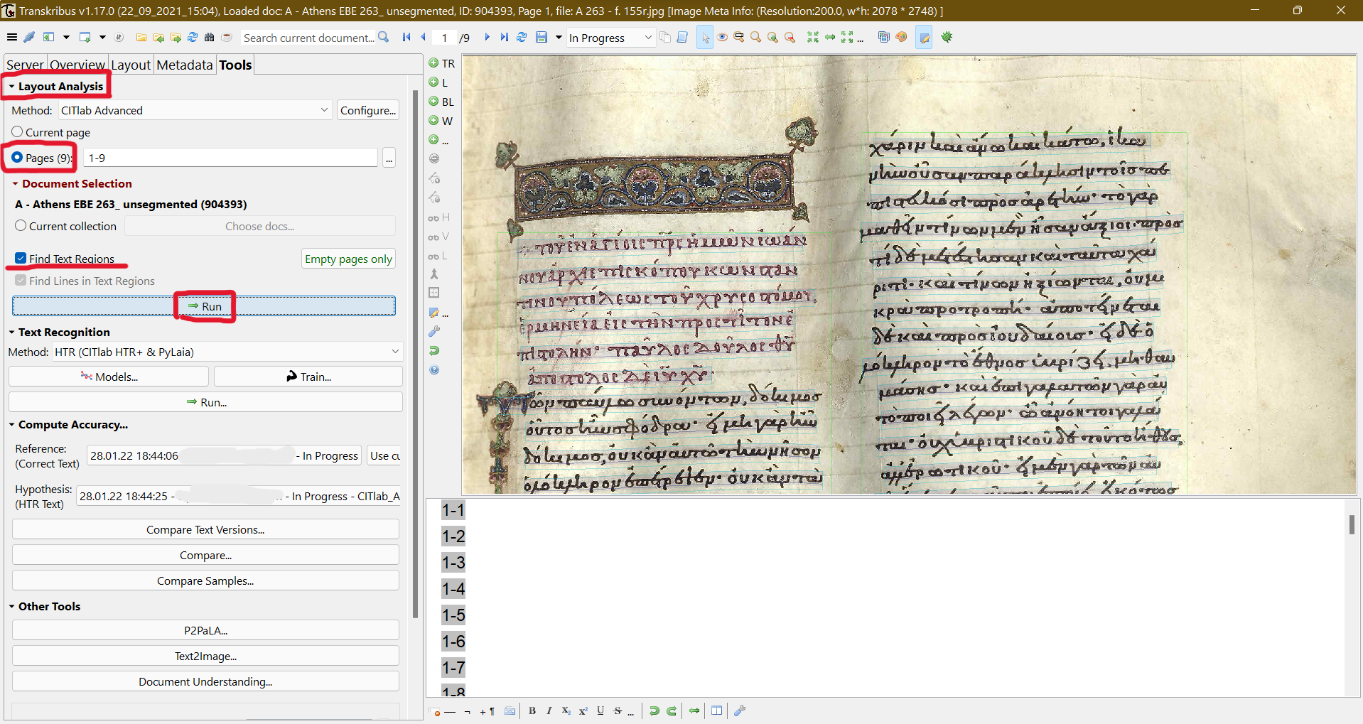 Transkribus automatic layout analysis.