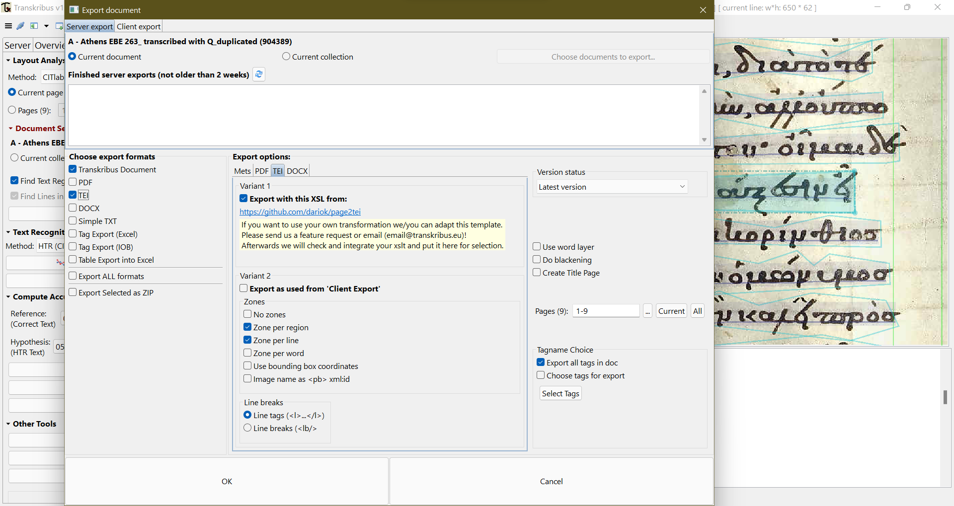 Possible output formats of Transkribus documents.