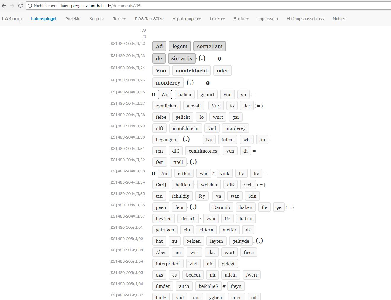 Transcription mode in LAKomp (Klagspiegel 1480).