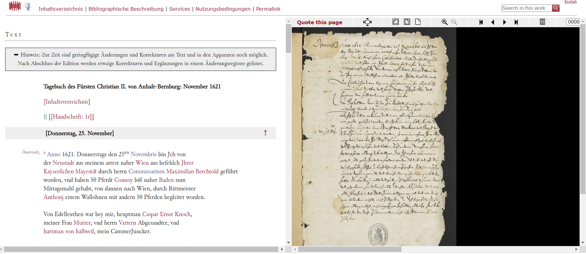 Parallele Anzeige von Text und Faksimile.